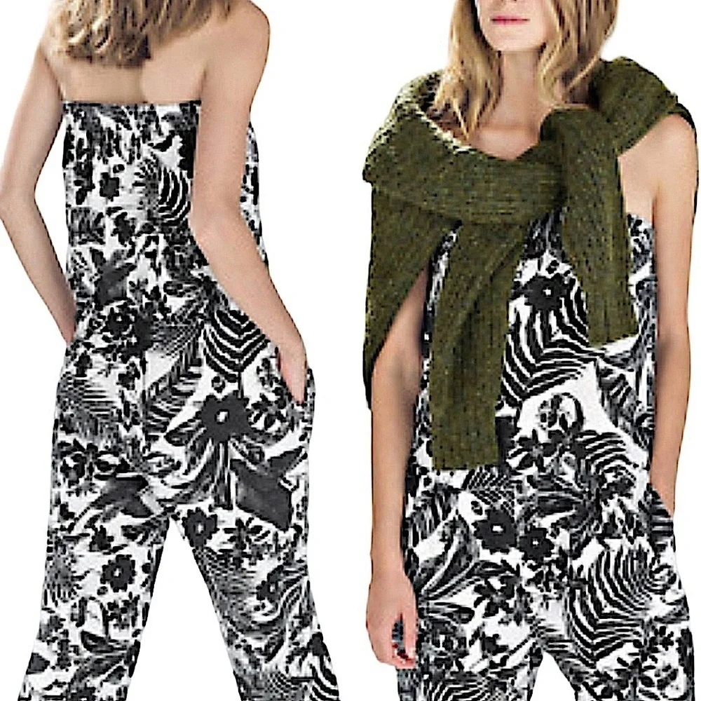 Zara Trafaluc Black & White Floral Linen Bandeau Strapless Jumpsuit Size Small